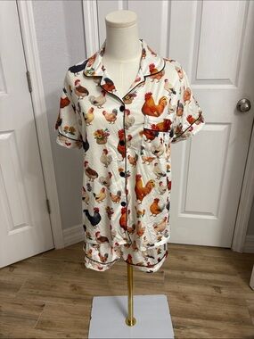 Chicken PJS button down shirts with pocket, and elastic wasted shorts